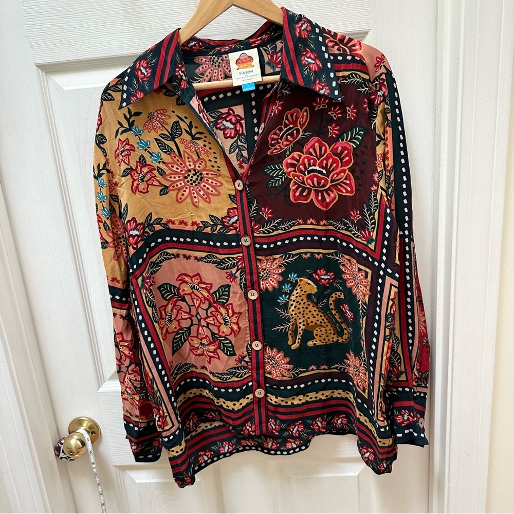 Farm Rio Scarf Patchwork Print Button Up Top Wome… - image 1